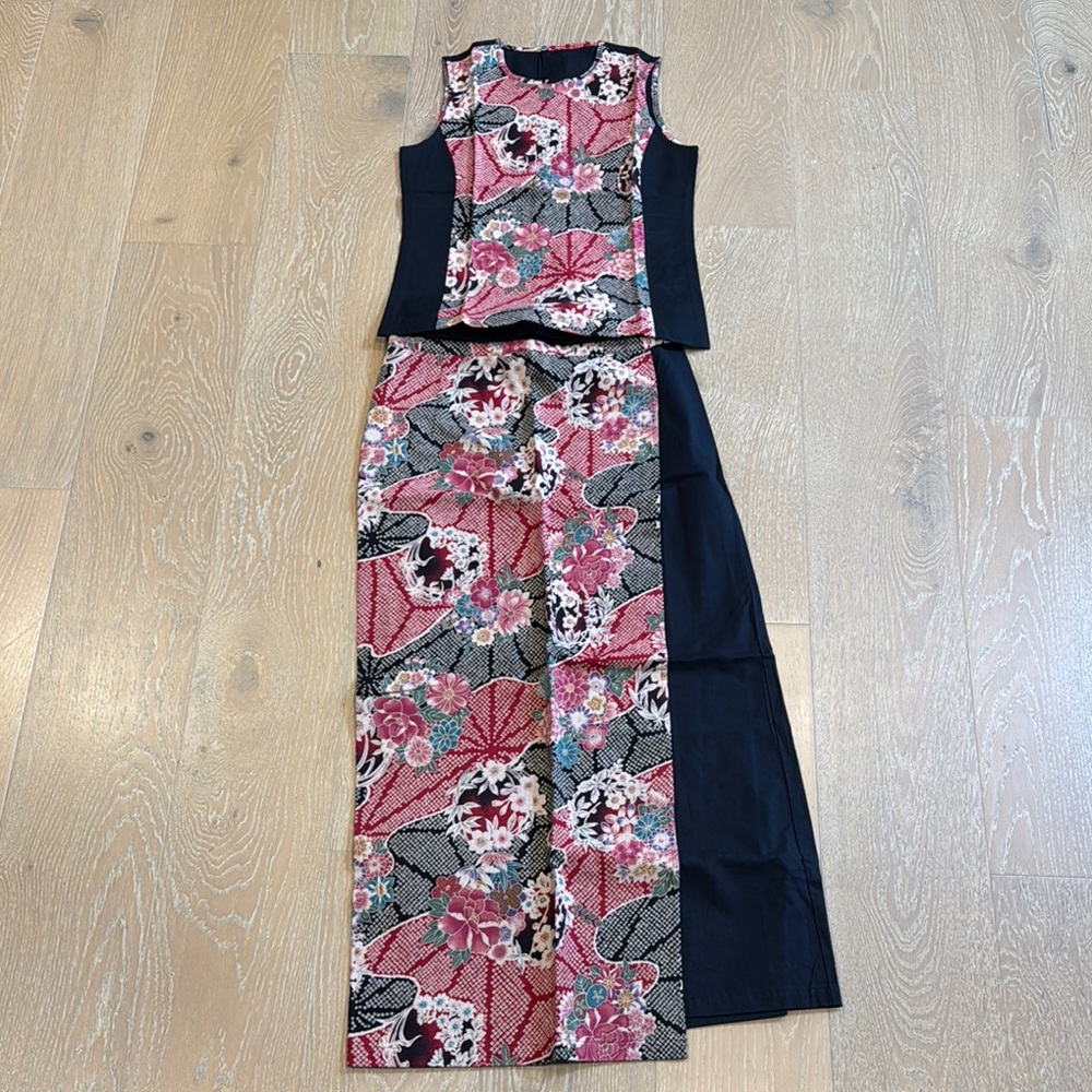 Vintage Japanese Kimono Floral Print 2-Piece Wrap Maxi Skirt & Top Set NWOT